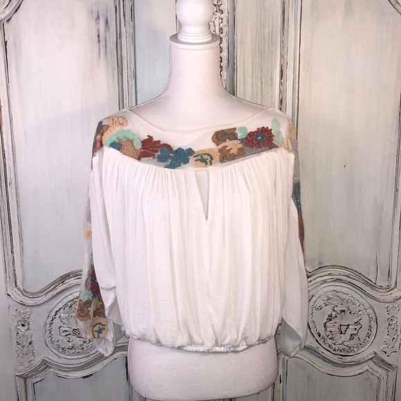 Free People Mid Dolman Sleeve Elastic Waist Embroidered on Netting Bodice S/SP - Picture 1 of 13